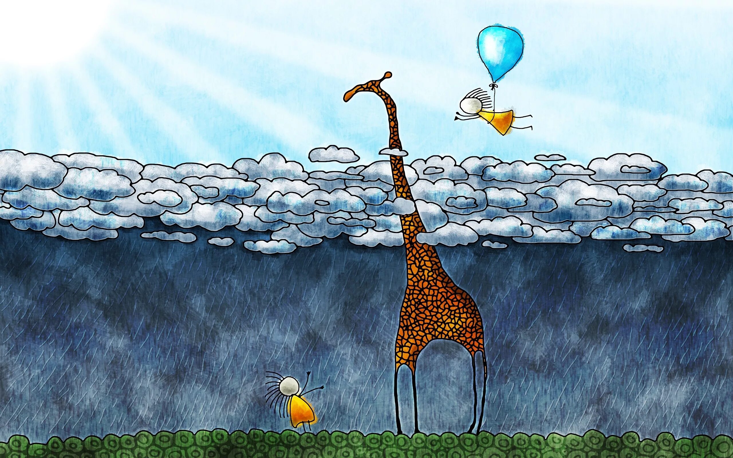 Позитивная жизнеутверждающая картинка Wallpaper : drawing, animals, children, nature, rain, artwork, clouds, giraffes,