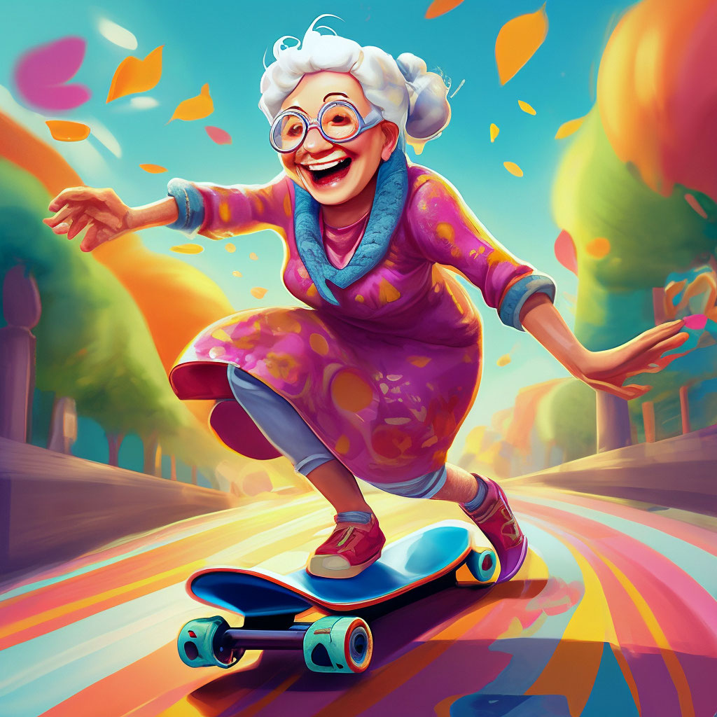 Позитивные бабушки картинки "Cheerful granny rides a skateboard" - image created in Shedevrum