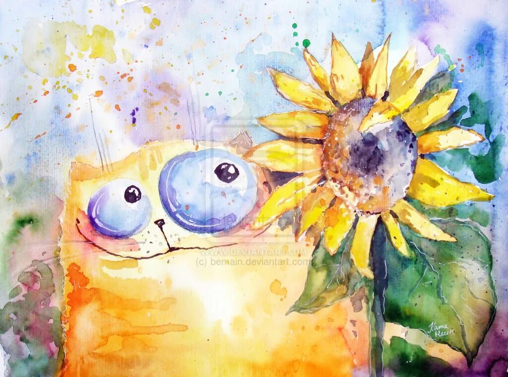 Позитивные картинки нарисованные cat and sunflower by bemain on deviantART Кошачий арт, Акварельные кошки, Иллюст