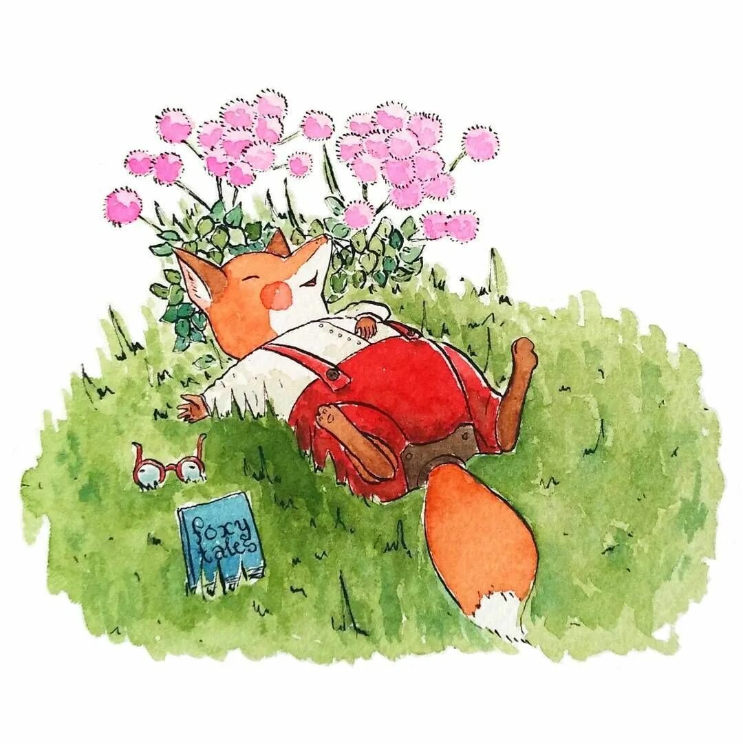 Позитивный юмор с утра картинки Childrens book illustration by @foxyporridge Sleeping fox. Summer. Fox illustrat