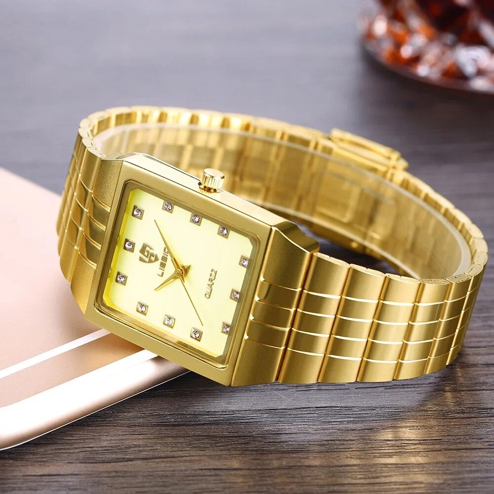 Позолоченные часы фото Golden Quartz Watch Men Women Luxury Watches Relogio Masculino Luxury Gold Brace