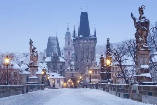 Прага зимой фото Prague - Charles Bridge tower nad St. Nicolas church on winter morning Poster Pr