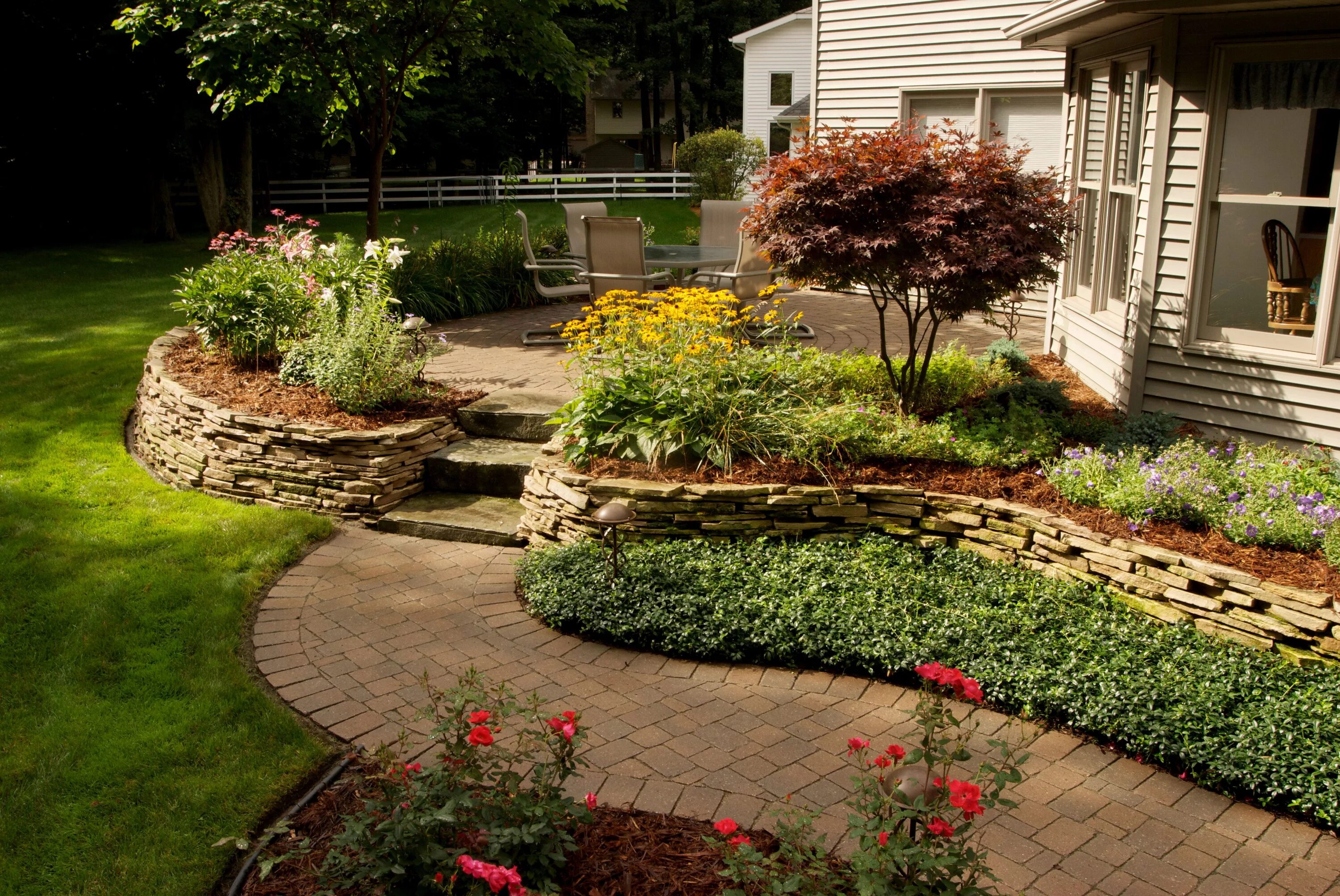 Правила ландшафтного дизайна Pine bark with a stone wall - photo courtesy of rederlandscaping.com Easy landsc