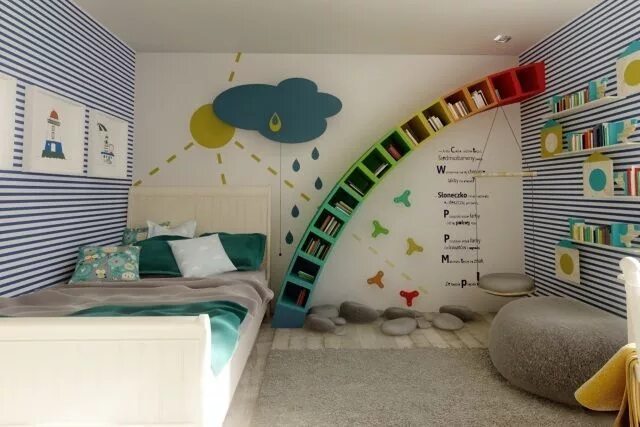 Правила оформления оформления детской children's room walls design ideas boys rainbow shelves stripes sun rainbow Kid 