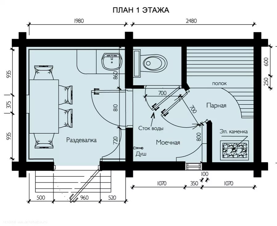 Правильная баня планировка Уник.№: K-173 Баня Дубок