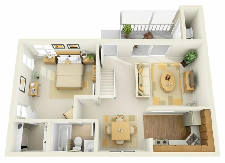 Правильная планировка квартиры 1B 1st Floor Townhome - 3D Floor Plan House plans, One bedroom house, House desi