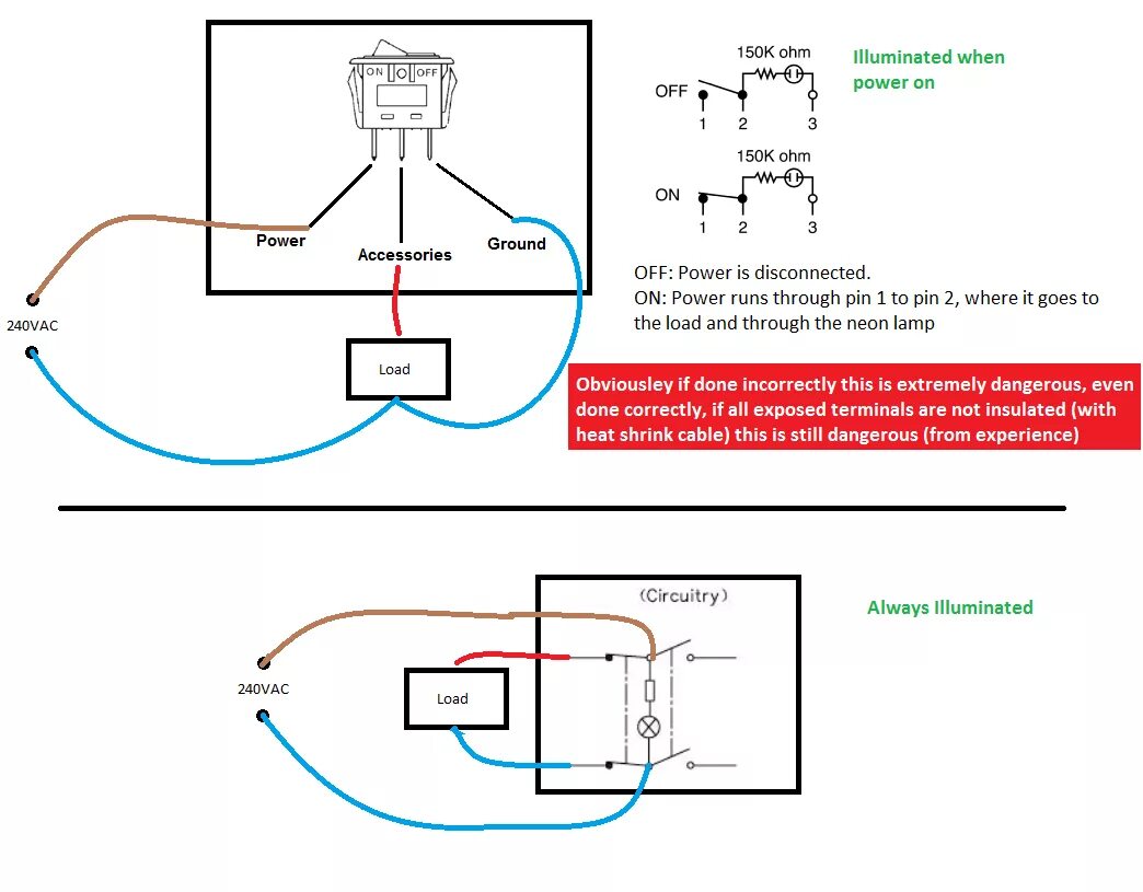 Правильное подключение контакта Wiring radioshack SPST NEON ROCKER SWITCH - Page 1