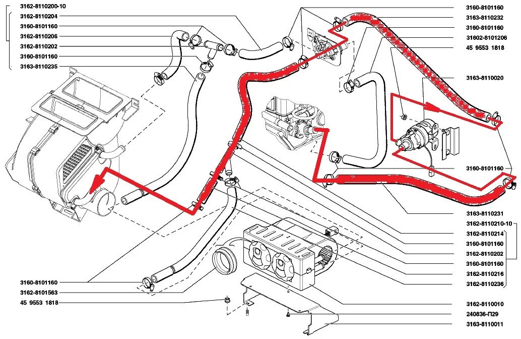 Правильное подключение патрубков на печке уаз патриот Схема патрубков уаз патриот