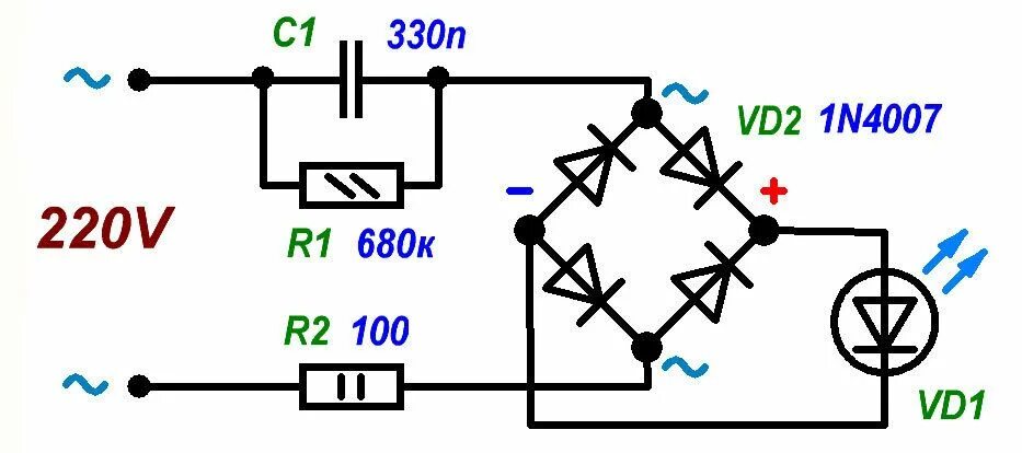 Правильное подключение светодиода Распространенные способы подключения светодиодов к сетевому напряжению 220 В, ва