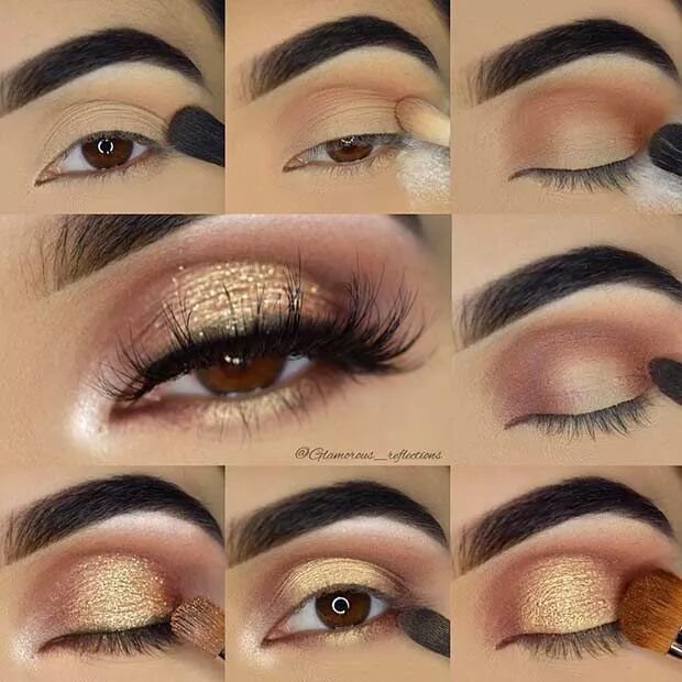 Правильный макияж глаз фото Gold Glitter Eye Makeup Tutorial for Brown Eyes Блестящие глаза, Золотой макияж 