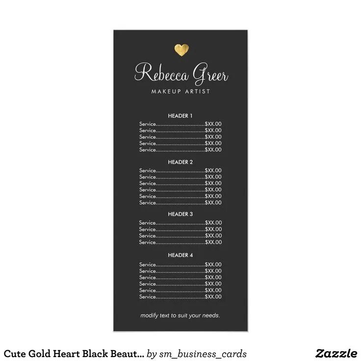 Прайс дизайн студии Cute Gold Heart Black Beauty Salon Price List Menu Zazzle Kosmetikstudio, Kosmet