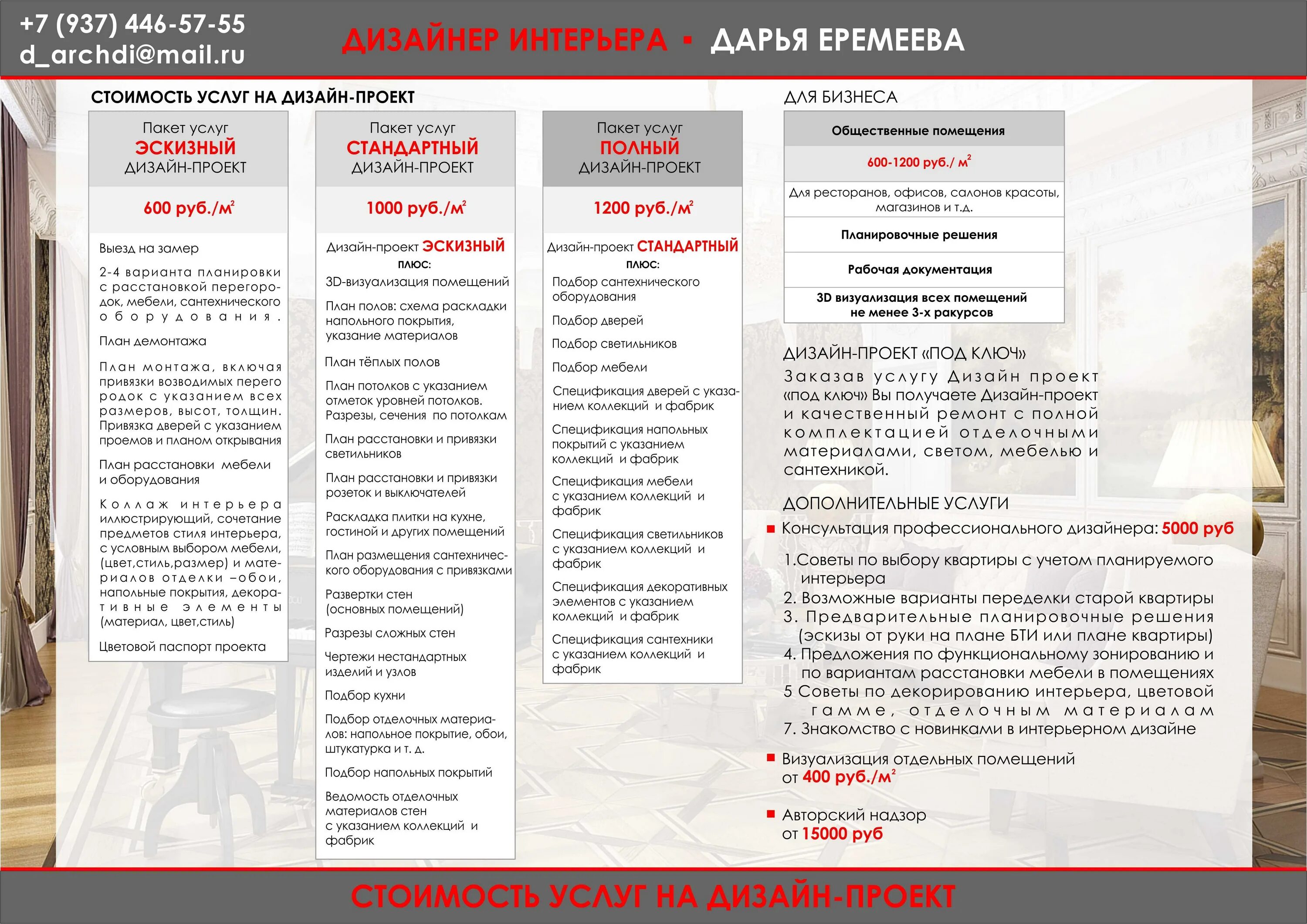 Прайс дизайнера интерьера Пакет услуг дизайнера интерьеров - Дом Мебели.ру