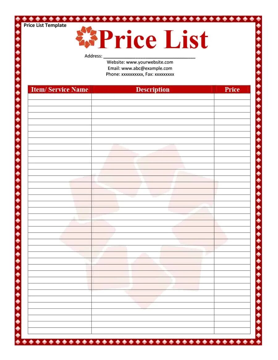 Прайс лист фото шаблон Excel Price Sheet Template