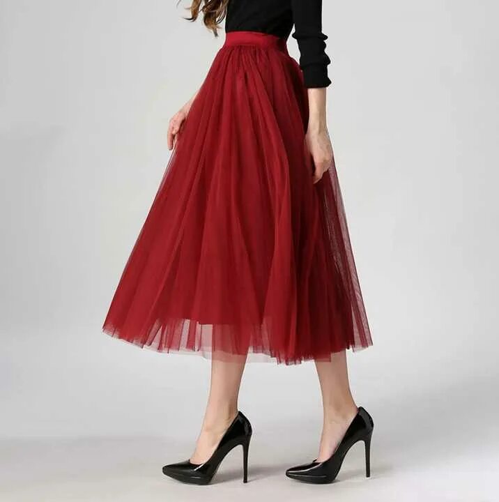 Праздничная юбка фото Fashion Ladies Stylish Elastic High Waisted Pleated A-line Mid-calf Tulle Skirts