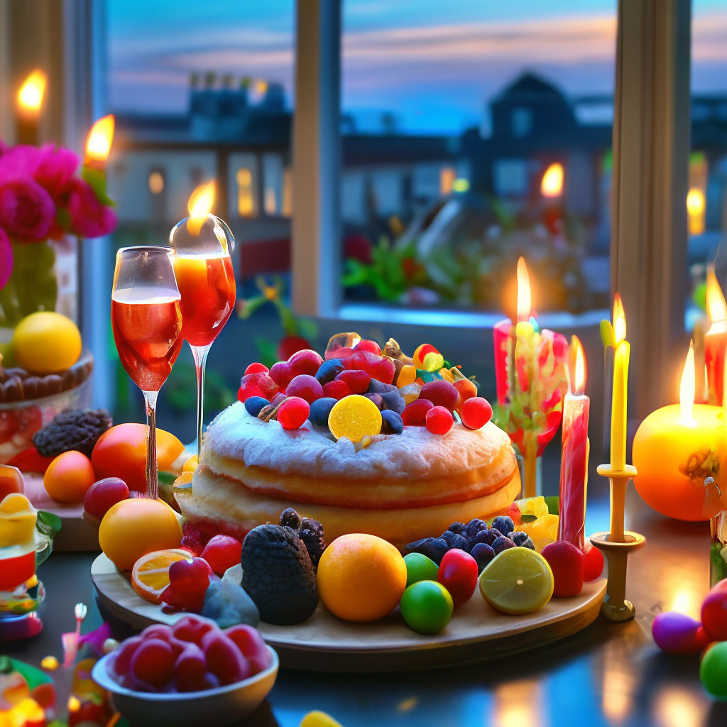 Праздничное фото "Festive table,cake with candles, ." - image created in Shedevrum