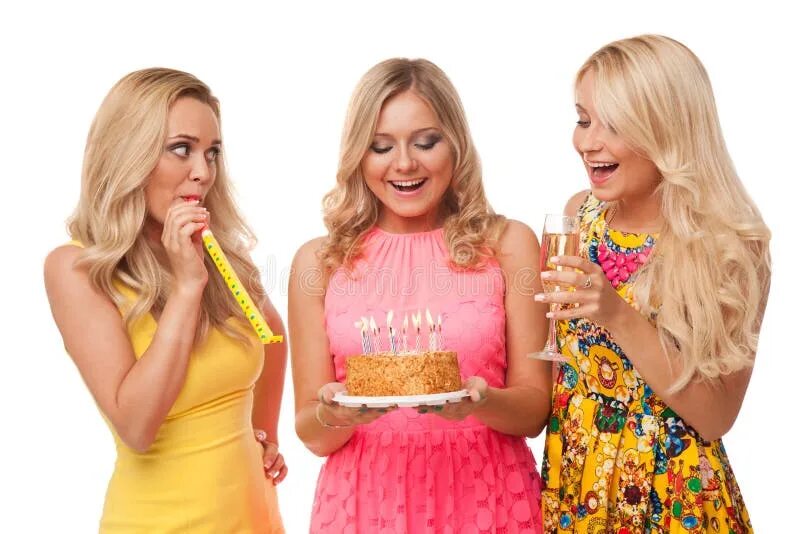 Праздничное фото девушек Three Blonde Girls Celebration Birthday with Cake and Champagne Stock Image - Im