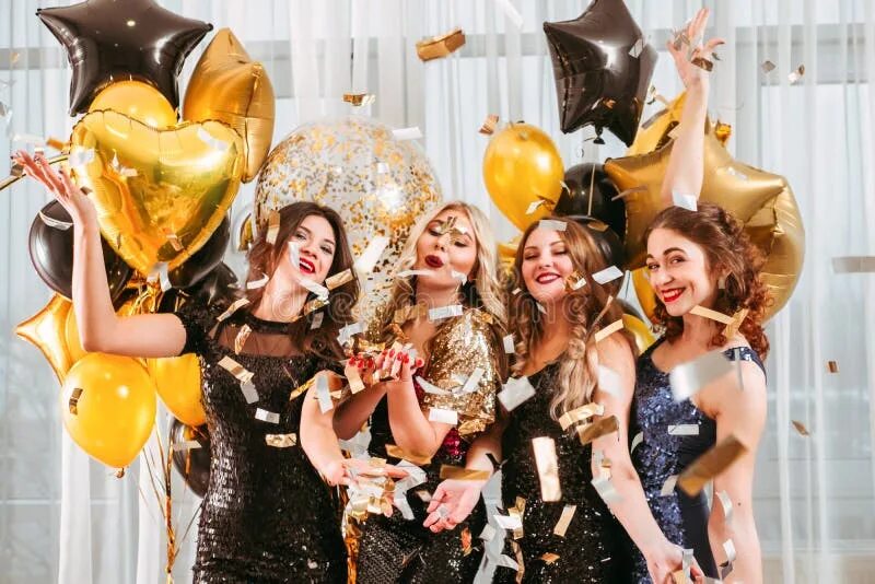 Праздничное фото девушек Girls Party Festive Event Balloons Confetti Stock Image - Image of group, fashio