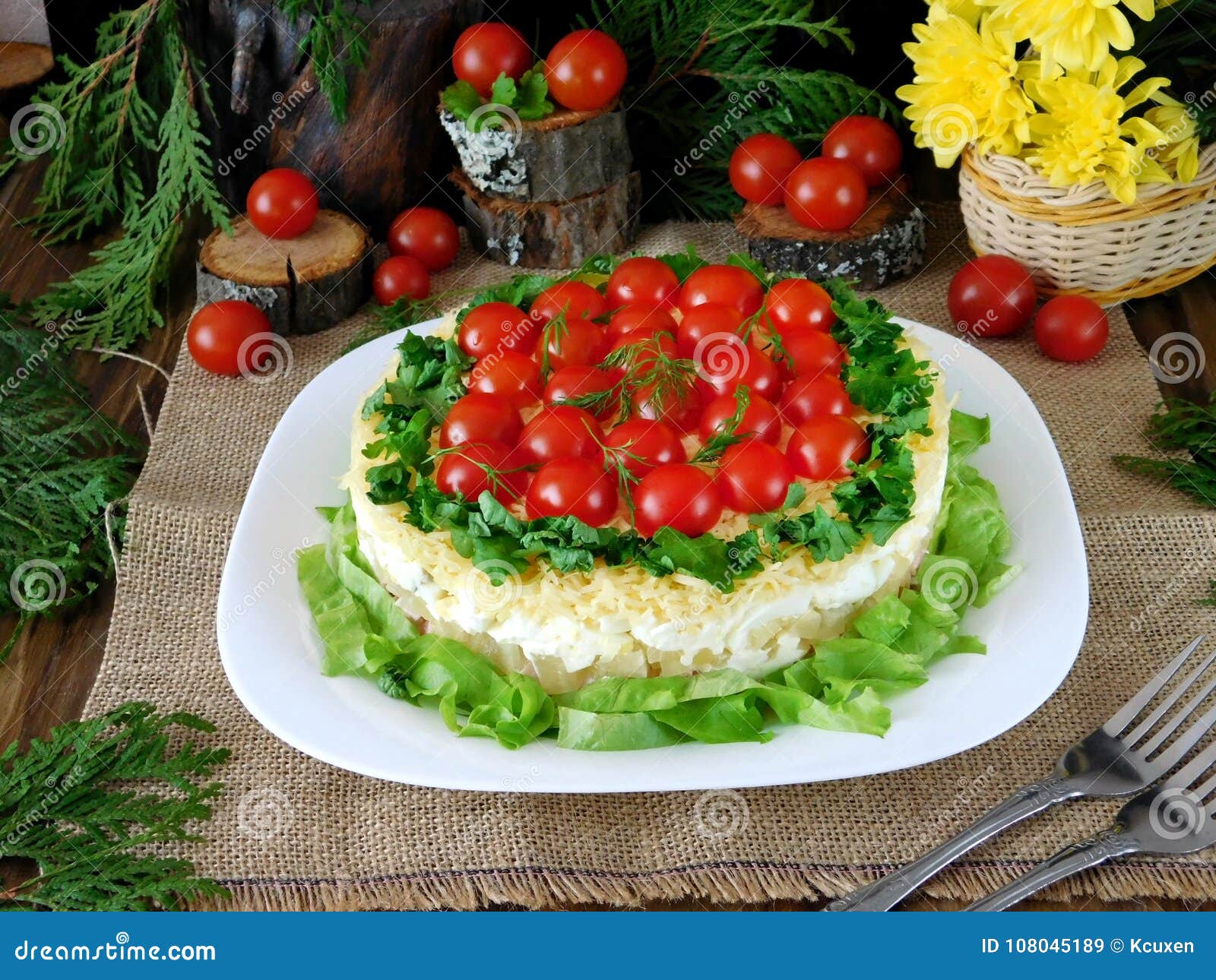 Праздничные салаты бесплатно с фото Layered Salad Decorated with Cherry Tomatoes and Lettuce Leaves Stock Image - Im