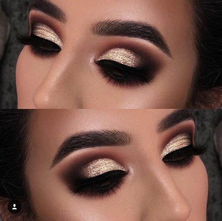 Праздничный макияж для карих Bold Glitter Eye Look Smokey Eye makeup Black Brown Gold Eye shadow #eyemakeup #