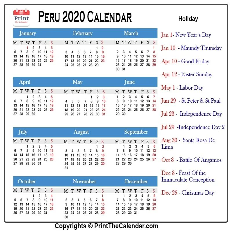 Праздник календарь 2020 год 2020 Holiday Calendar Peru Peru 2020 Holidays