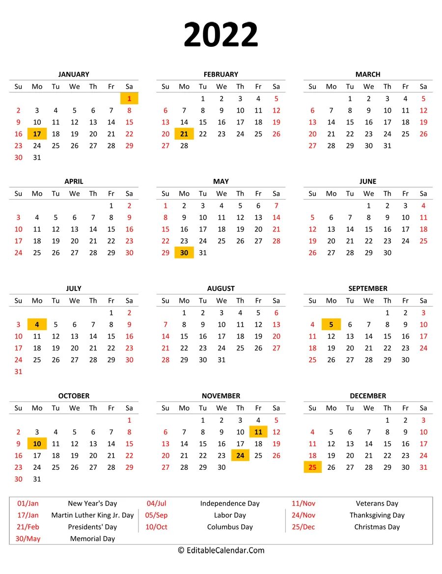 Праздники 2022 2023 года календарь Free 2022 Printable Calendar with Holidays (Portrait Orientation) in word and pd