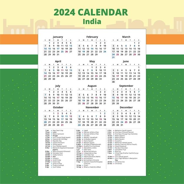 Праздники индии календарь Premium Vector Set of India Calendar 2024 template vector with public holiday Ne