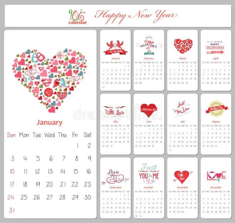 Праздники любви календарь Valentine Calendar for 2016 with Love Heart and Greeting Stock Vector - Illustra