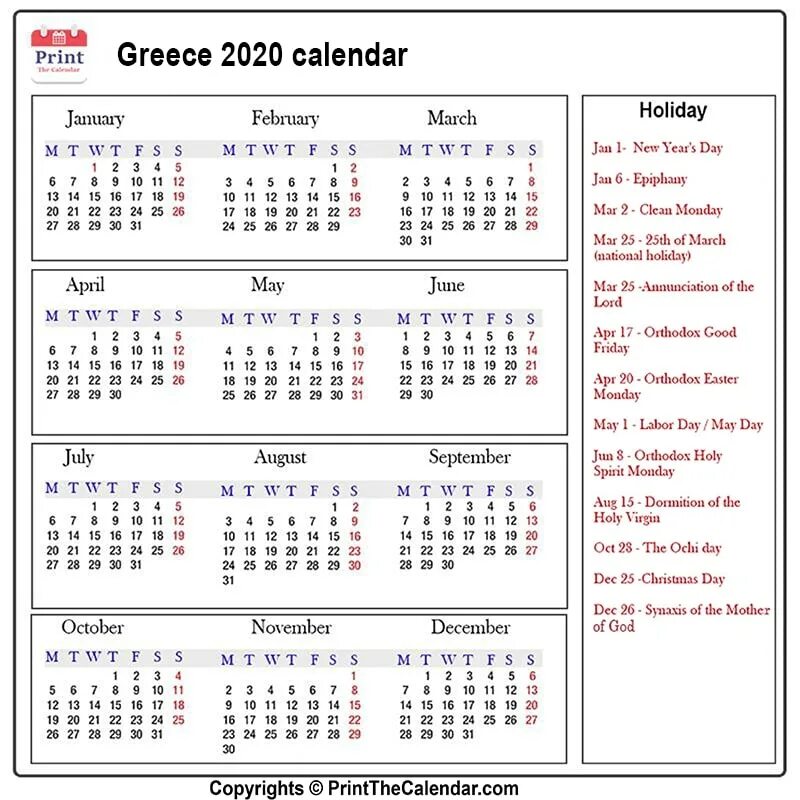 Праздники в турции 2024 календарь Greece Calendar 2020 with Greece Public Holidays