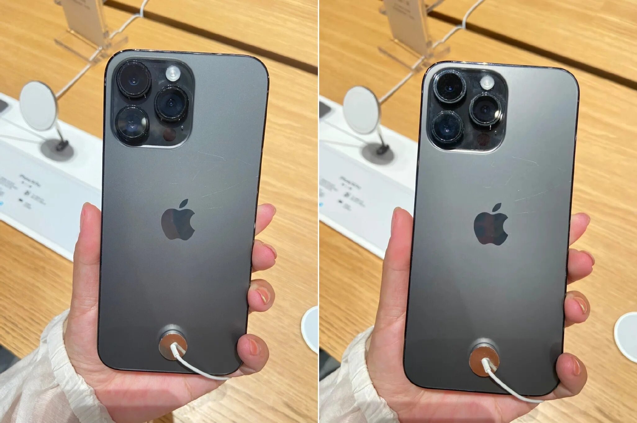 Предложенные фото айфон iPhone 14 Pro и 14 Pro Max быстро теряют товарный вид. На выставочных смартфонах