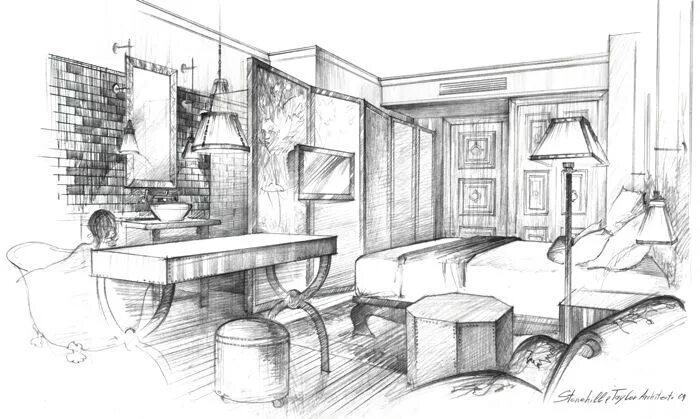 Предметы дизайнера интерьера в университете Architectural freehand drawing, Interior sketch, The NoMad Hotel, New York, Penc