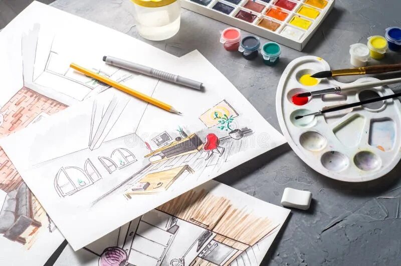 Предметы на дизайнера интерьера после 11 Creative Profession: Designer`s Desk with Scattered Sketches, Paints, Brushes, L