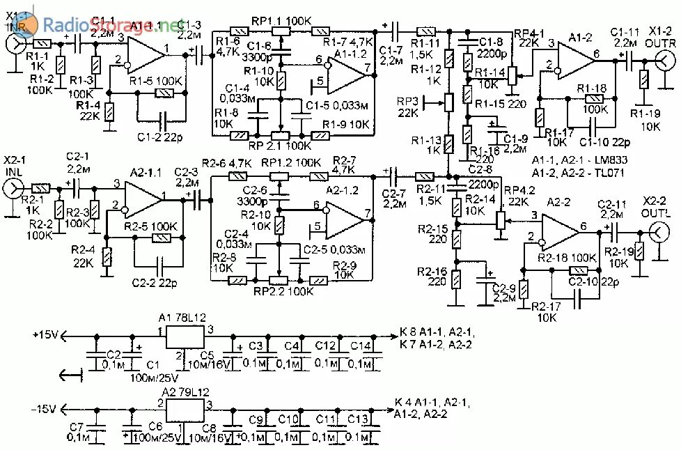 Предусилитель для усилителя мощности схема Схема предварительного усилителя НЧ с темброблоком (LM833, TL071)