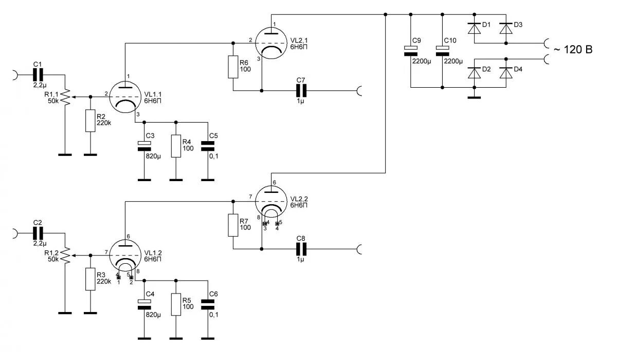 Предварительный усилитель на 6н2п схема Простой Ламповый Предварительный Усилитель (6Н6П) - Страница 2 - Ламповая техник