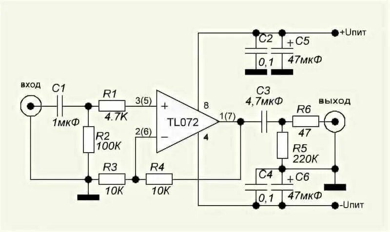 Предварительный усилитель на оу схема Схема микрофонного усилителя на tl072