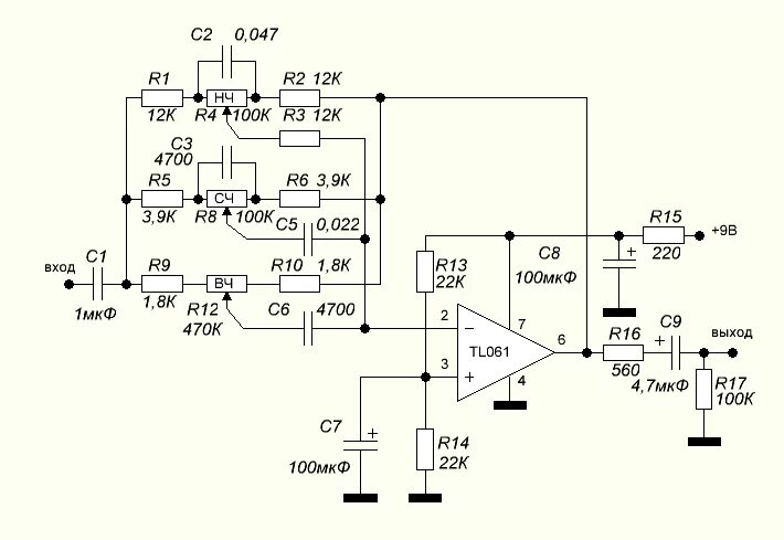 Предварительный усилитель на оу схема Регулятор тембра на TL061 - rcl-radio.ru