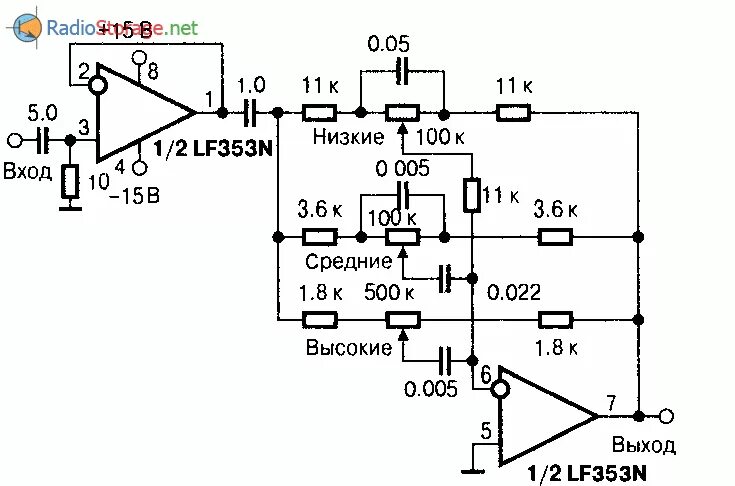 Предварительный усилитель на оу схема Микросхема LF353 - широкополосный двухканальный ОУ