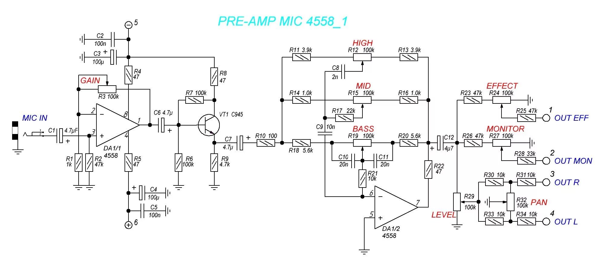 Предварительный усилитель схема Mic Pre Amplifier + 3 band EQ using IC 4558 Electrical circuit diagram, Circuit 