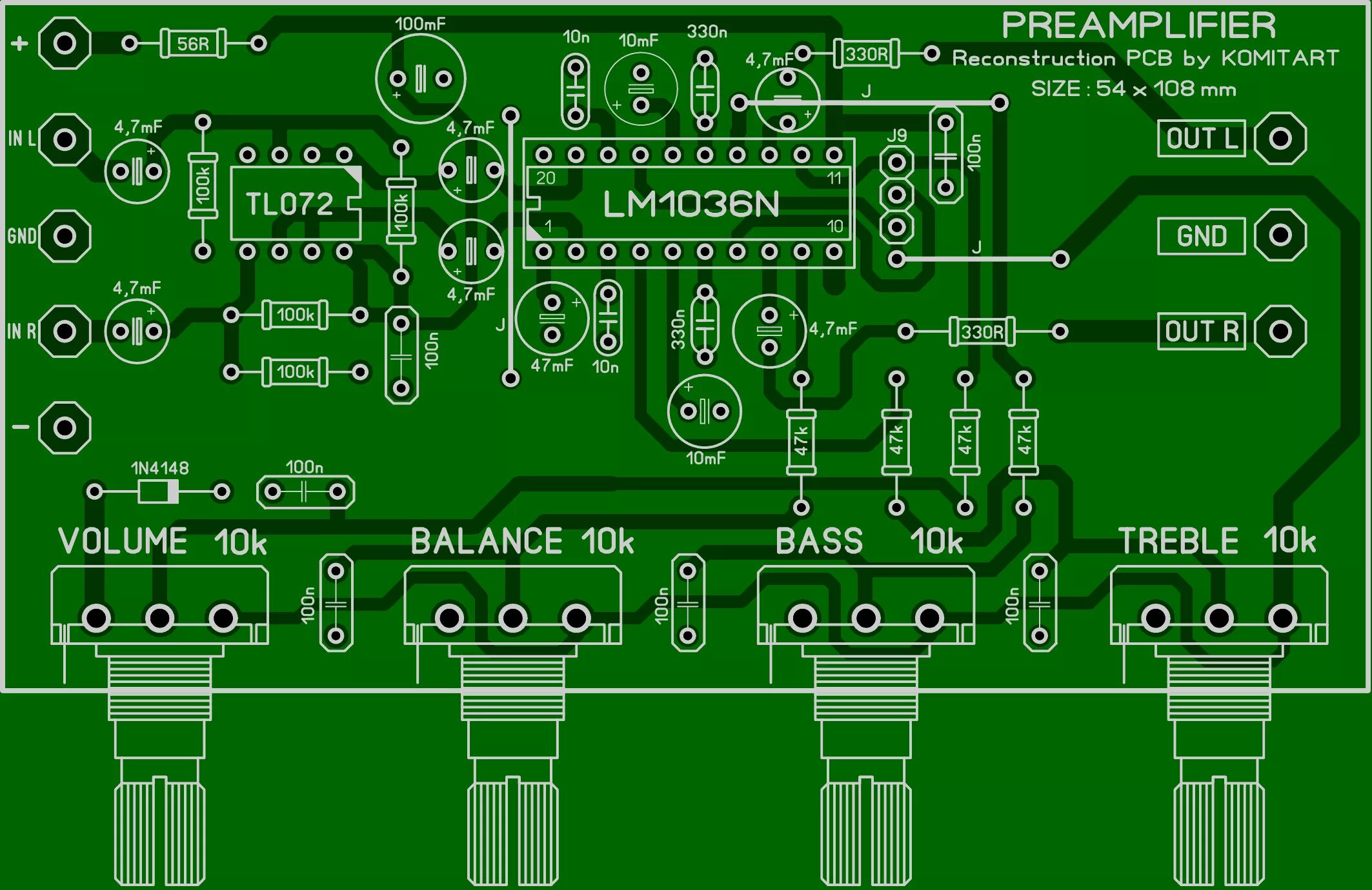Предварительный усилитель схема и печатная плата Предварительный УНЧ на LM1036N + TL072.
