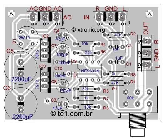 Предварительный усилитель схема и печатная плата circuito-pre-amplificador-estereo-ne5532-layout Amplificador, Amplificador de áu