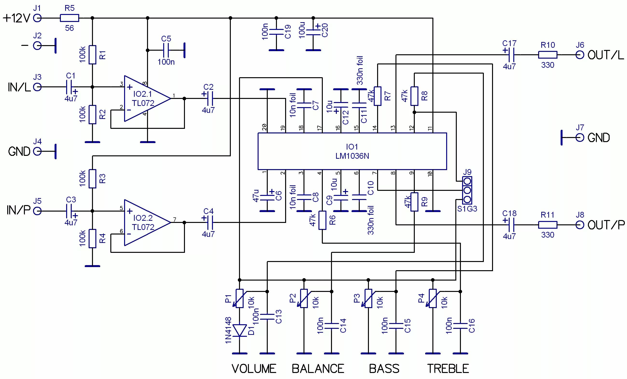 Предварительный усилитель стерео схема Предварительный УНЧ на LM1036N + TL072.