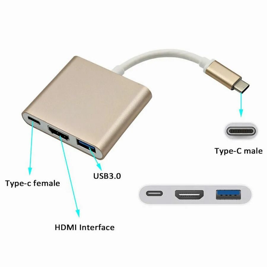 При подключение через type c Адаптер AV Multiport 3 in 1 USB-C to HDMI + USB3.0