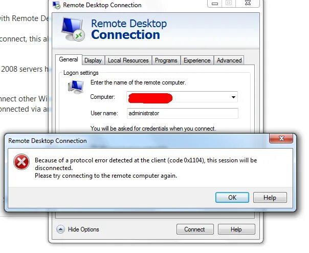 При подключении к vms пишет ошибка протокола because of a protocol error detected at the client(code 0x1104), this - Microsof