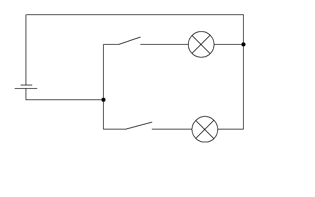 При подключении лампочки к источнику тока составте схему цепи из источника двух ламп двух ключей чтобы ключи включали ламп