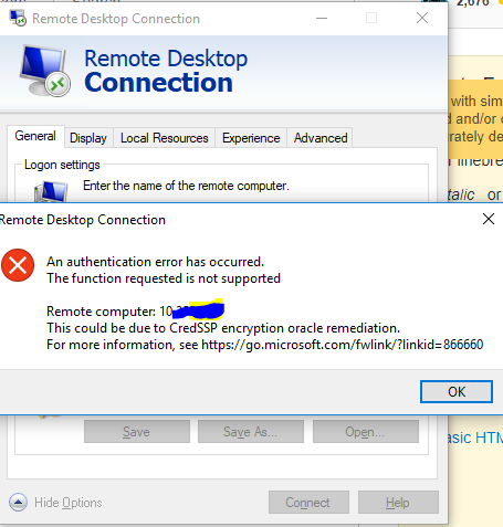 При подключении по rdp произошла внутренняя ошибка Remote desktop connection error after updating Windows 2018/05/08 - CredSSP upda