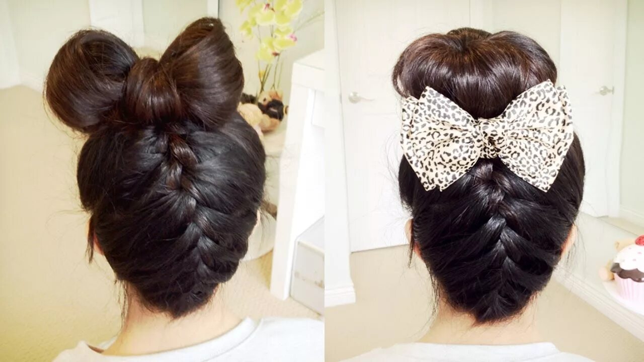 Прическа бант для девочки на длинные Upside Down French Braid Hair Bow + Sock Bun Updo Hair Tutorial - Bebexo - YouTu