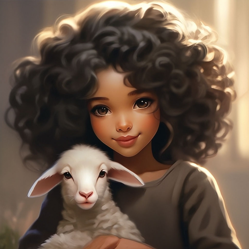 Прическа барашек для девочки "Dark-haired curly-haired lamb girl" - image created in Shedevrum