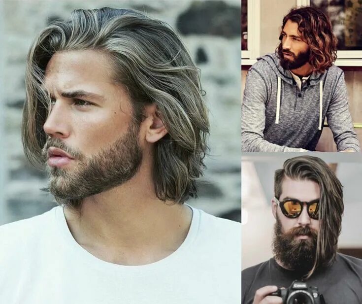 Прическа боб мужская длинная Collage di tre uomini con capelli lunghi, capelli rasati uomo e scalati Capelli 