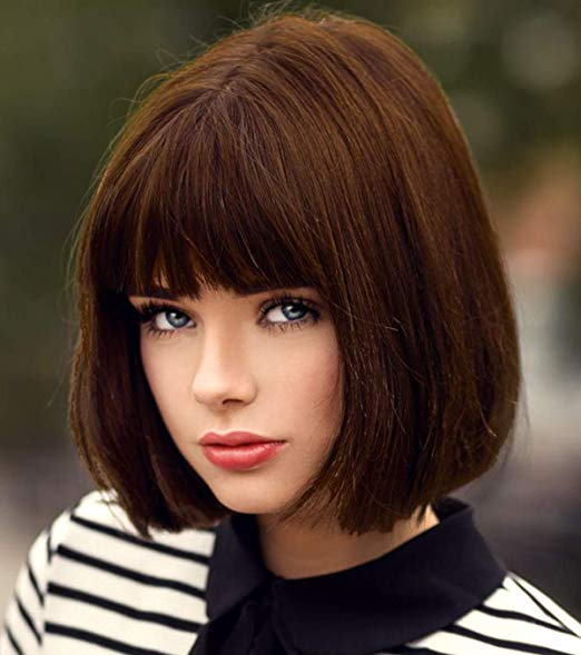 Прическа боб с челкой на средние Bopocoko Brown Wigs for Women Velma Costume 12'' Short Brown Bob Wig with Bangs 