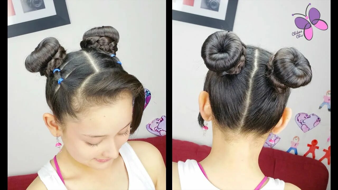 Прическа бублик для девочки Double Donut Bun Hairstiles for girls Hairstyles for medium/long hairs - YouTube