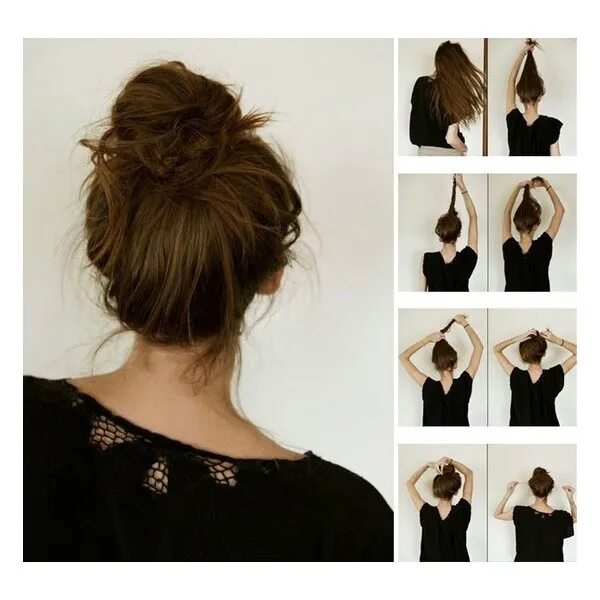 Прическа быстро сама Brilliant Brunette / perfect messy bun. found on Polyvore Hair styles, Bun hairs